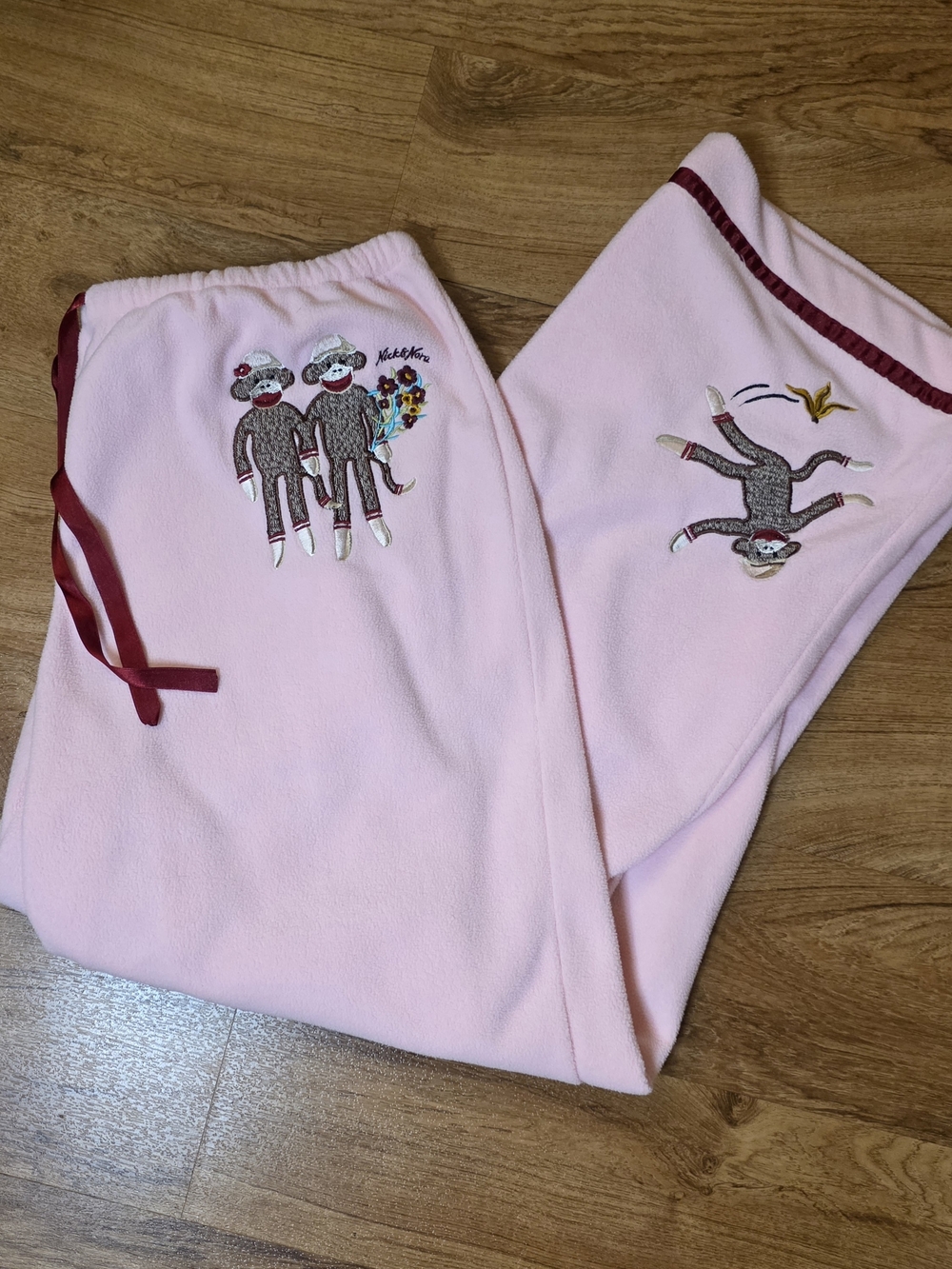 Nick & Nora Pink Fleece Embroidered Sock Monkey Wide Leg Pajama Pants